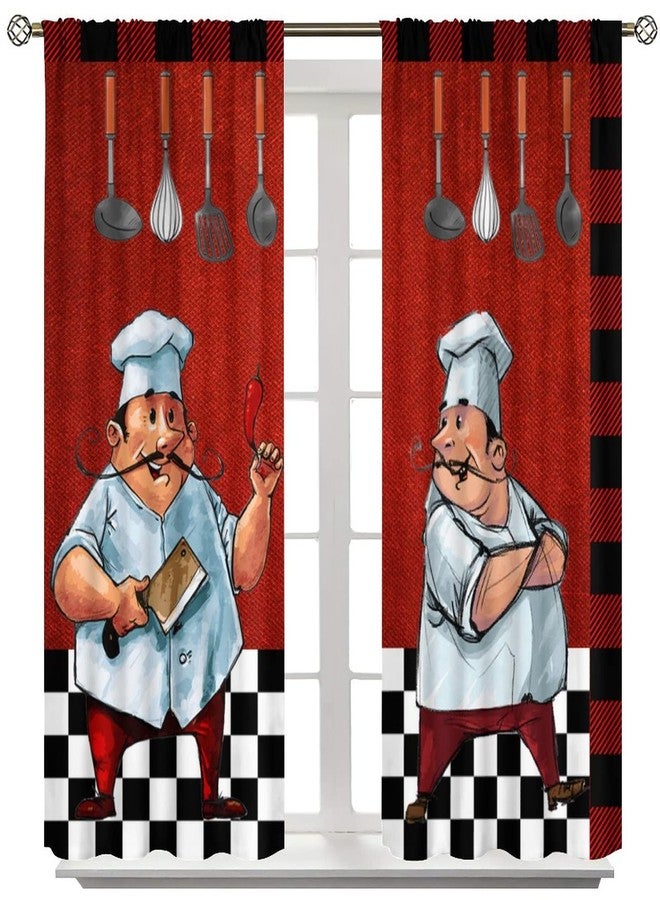 YCness Chef Kitchen Curtain for Window, Fat Cook Theme for Bedroom Living Room, Red Black Buffalo Check Plaid Drape 2 Panel Set, 42x45 Inch - Image 3